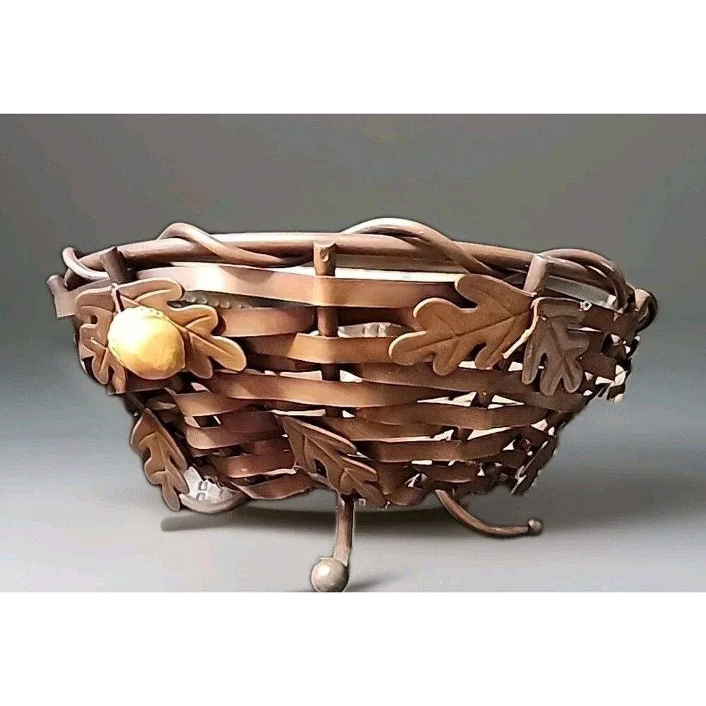 Large Heavy Woven Copper Footed Bowl Decor Basket Adorned With 3 Acorns 10”